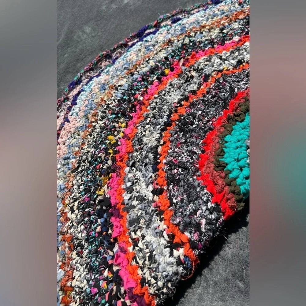 Handmade bohemian crochet upcycled door mat small round floor mat Sz 34